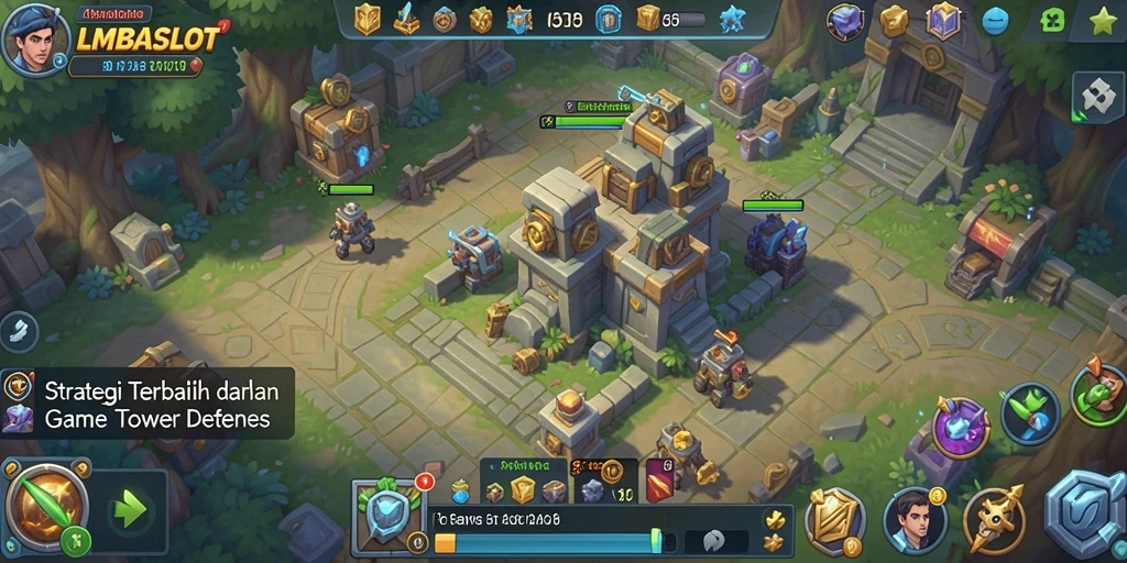 Tampilan gameplay LMBASLOT dengan menara strategis yang kuat.