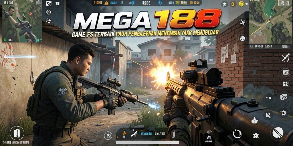 Screenshot gameplay MEGA188 dengan aksi menembak intens di medan perang.