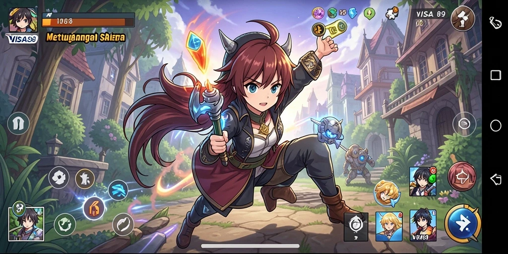 Screenshot utama VISA89 menampilkan aksi petualangan karakter Anime.